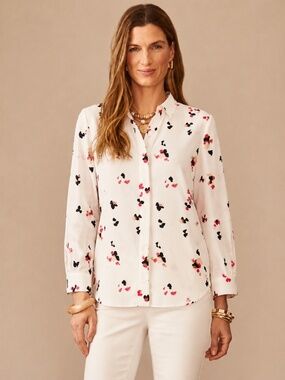 Modern Feminine Floral Blouse Relaxed Button Front Cream Pink‎ Black